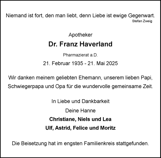 Traueranzeige von Franz Haverland von MARKT Glinde/Reinfeld