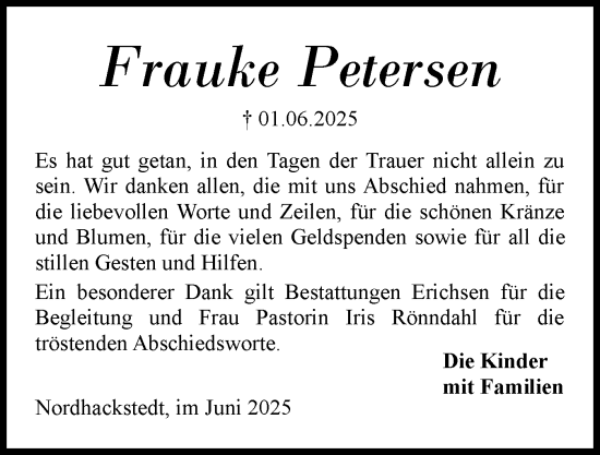 Traueranzeige von Frauke Petersen von Region Flensburg