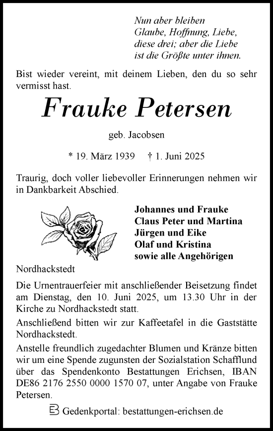 Traueranzeige von Frauke Petersen von Region Flensburg