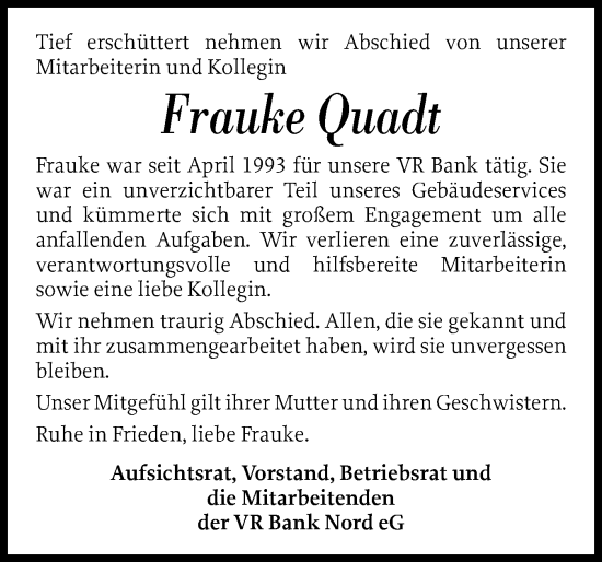 Traueranzeige von Frauke Quadt von Region Flensburg