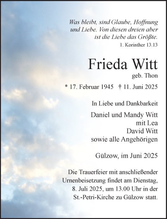 Traueranzeige von Frieda Witt von Wochenend Anzeiger