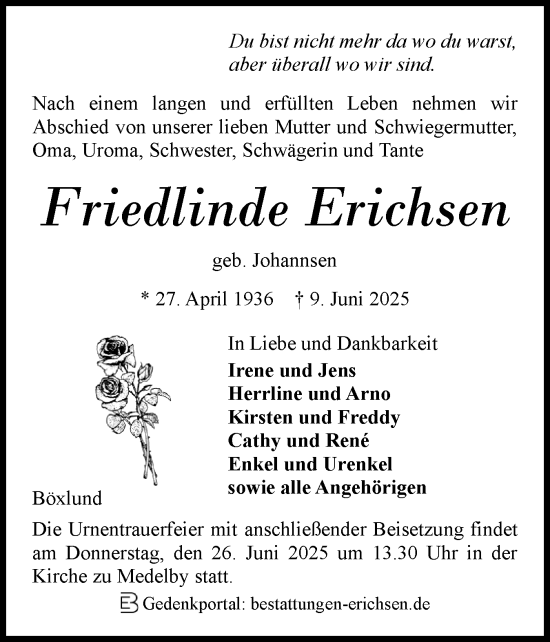 Traueranzeige von Friedlinde Erichsen von Flensburger Tageblatt