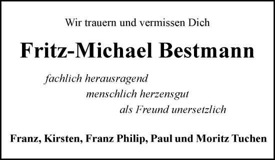 Traueranzeige von Fritz-Michael Bestmann von Eckernförder Zeitung, Hallo Eckernförde