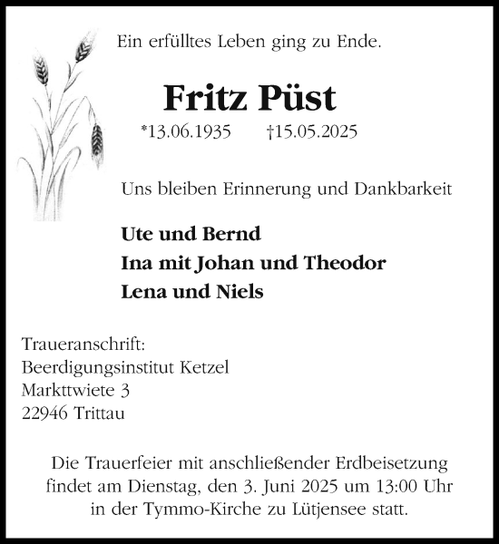 Traueranzeige von Fritz Püst von MARKT Ahrensburg/Bargteheide/Trittau und Stormarner Tageblatt