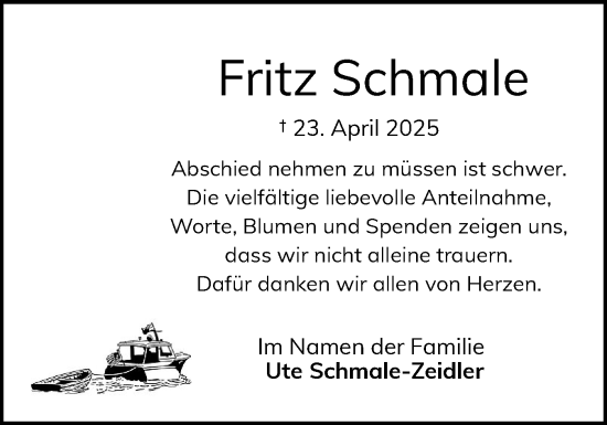 Traueranzeige von Fritz Schmale von Schleswiger Nachrichten, Schlei-Bote