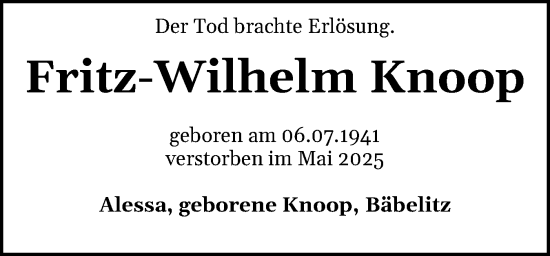 Traueranzeige von Fritz-Wilhelm Knoop von Norddeutsche Rundschau, Wilstersche Zeitung, Glückstädter Fortuna