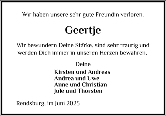 Traueranzeige von Geertje  von Schleswig-Holsteinische Landeszeitung