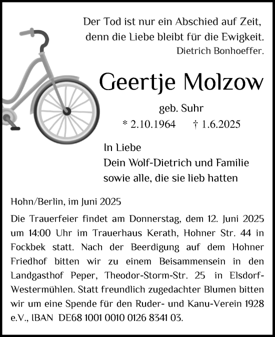 Traueranzeige von Geertje Molzow von Schleswig-Holsteinische Landeszeitung