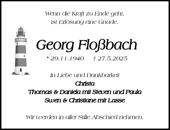 Traueranzeige von Georg Floßbach von MARKT Ratzeburg/Mölln