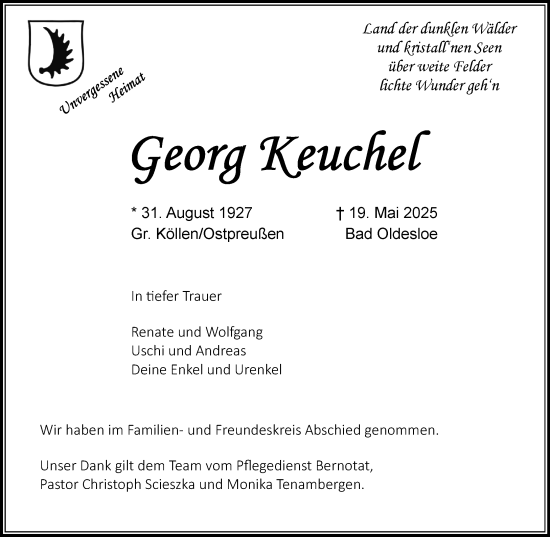 Traueranzeige von Georg Keuchel von MARKT Bad Oldesloe/Reinfeld und Stormarner Tageblatt