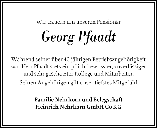Traueranzeige von Georg Pfaadt von Flensburger Tageblatt