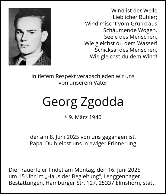 Traueranzeige von Georg Zgodda von Elmshorner Nachrichten, Barmstedter Zeitung