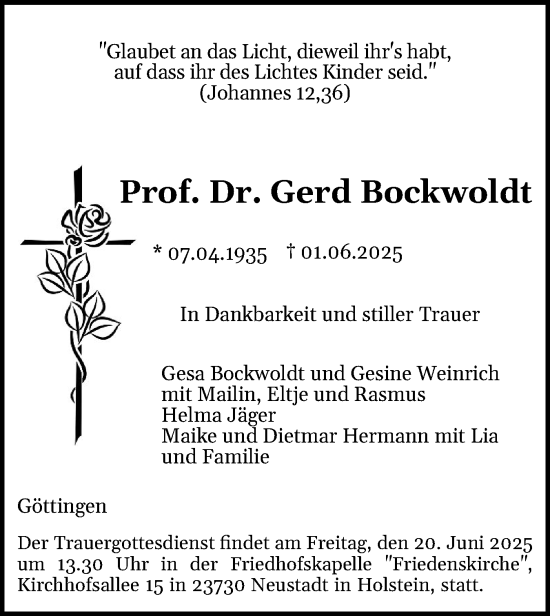 Traueranzeige von Gerd Bockwoldt von Ostholsteiner Anzeiger