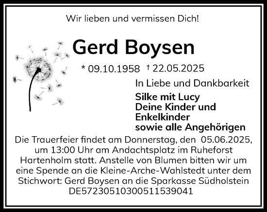 Traueranzeige von Gerd Boysen von Flensburger Tageblatt