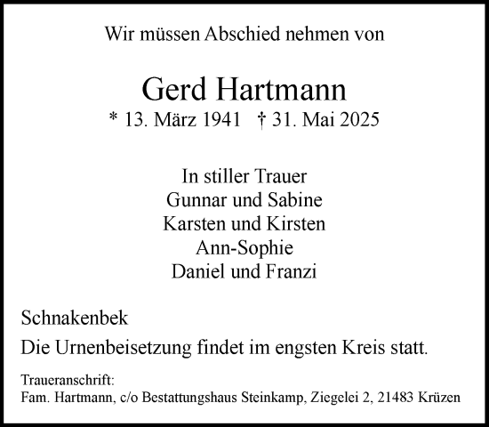 Traueranzeige von Gerd Hartmann von Wochenend Anzeiger