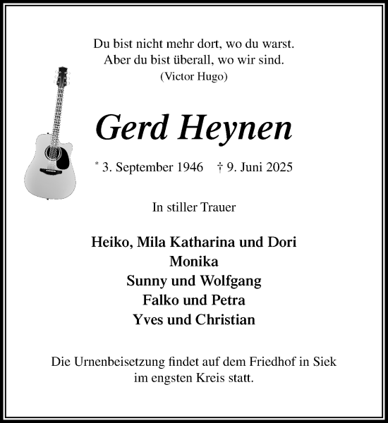 Traueranzeige von Gerd Heynen von MARKT Ahrensburg/Bargteheide/Trittau und Stormarner Tageblatt
