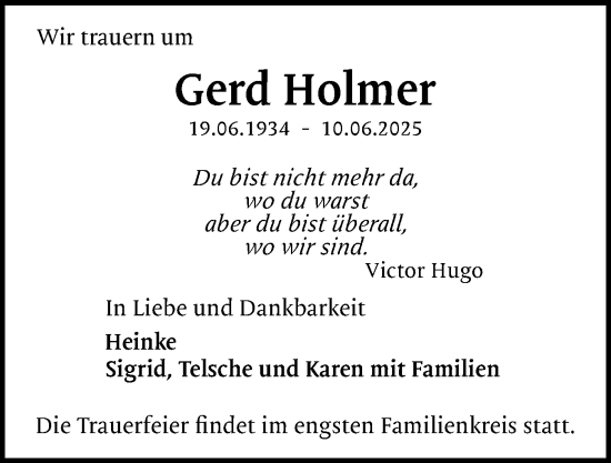 Traueranzeige von Gerd Holmer von Region Pinneberg und tip Pinneberg