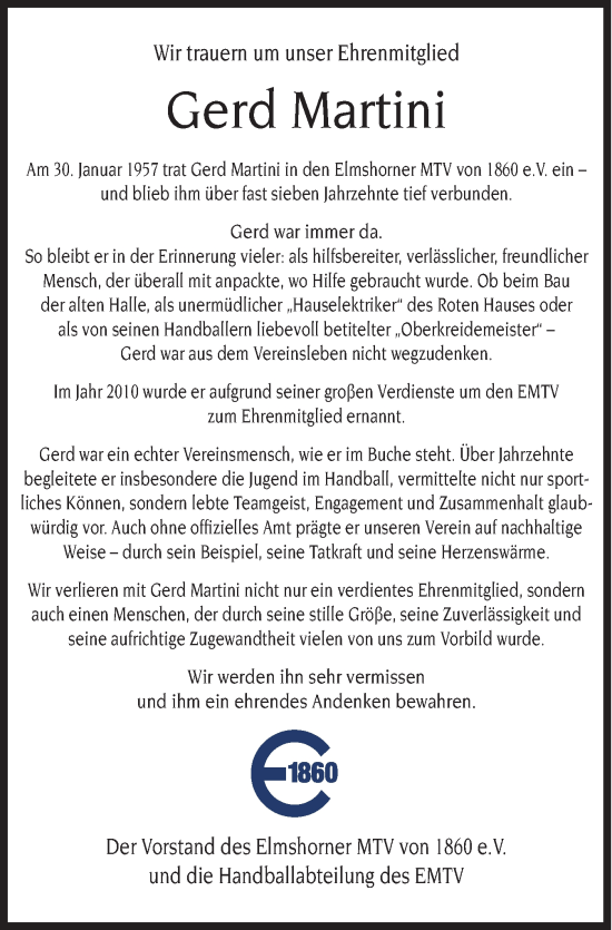Traueranzeige von Gerd Martini von Elmshorner Nachrichten, Barmstedter Zeitung