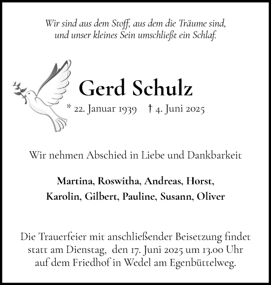 Traueranzeige von Gerd Schulz von Wedel-Schulauer Tageblatt, tip Wedel-Schulauer Tageblatt, tip Rissener Rundschau