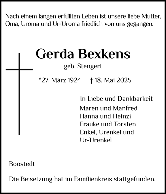 Traueranzeige von Gerda Bexkens von Holsteinischer Courier
