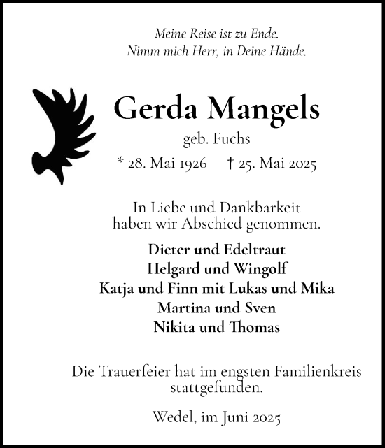 Traueranzeige von Gerda Mangels von Wedel-Schulauer Tageblatt, tip Wedel-Schulauer Tageblatt, tip Rissener Rundschau