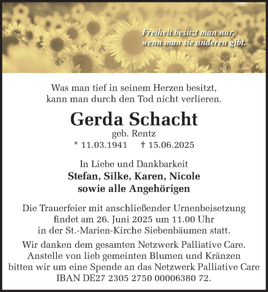 Traueranzeige von Gerda Schacht von MARKT Ratzeburg/Mölln