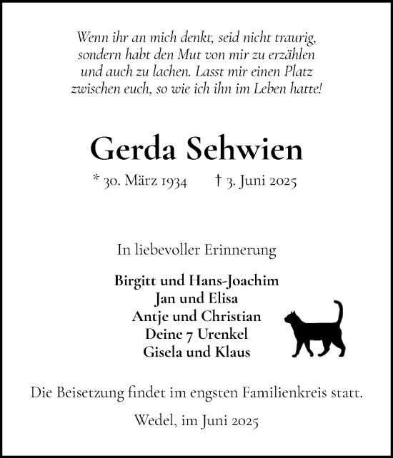 Traueranzeige von Gerda Sehwien von Wedel-Schulauer Tageblatt, tip Wedel-Schulauer Tageblatt, tip Rissener Rundschau