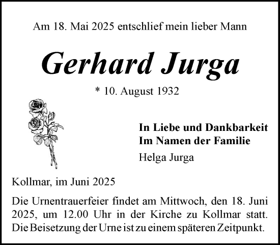 Traueranzeige von Gerhard Jurga von Elmshorner Nachrichten, Barmstedter Zeitung