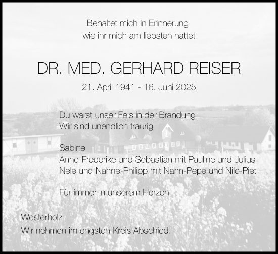 Traueranzeige von Gerhard Reiser von Flensburger Tageblatt
