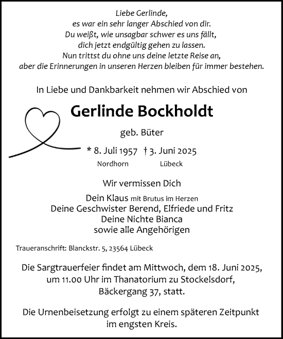Traueranzeige von Gerlinde Bockholdt von MARKT Bad Oldesloe/Reinfeld und Stormarner Tageblatt