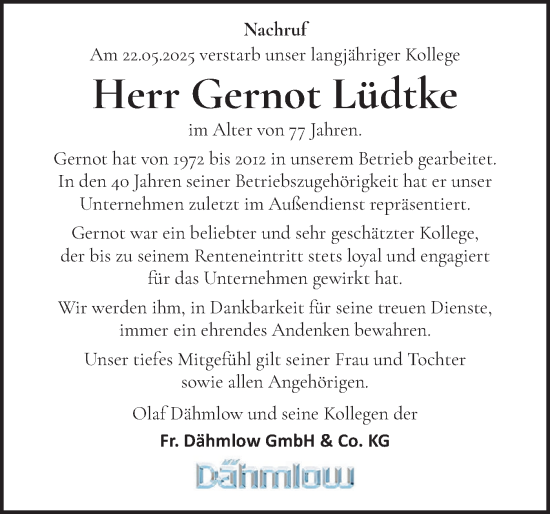 Traueranzeige von Gernot Lüdtke von Schleswig-Holsteinische Landeszeitung