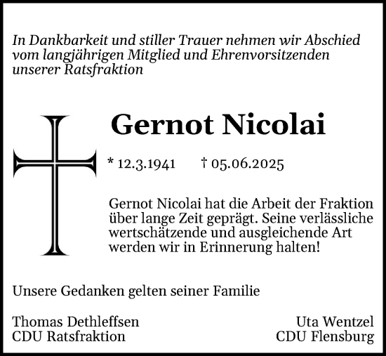Traueranzeige von Gernot Nicolai von Flensburger Tageblatt