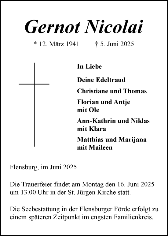 Traueranzeige von Gernot Nicolai von Flensburger Tageblatt