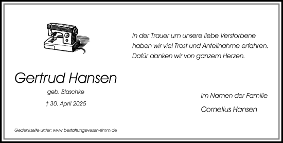 Traueranzeige von Gertrud Hansen von Umschau
