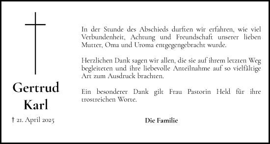 Traueranzeige von Gertrud Karl von Elmshorner Nachrichten, Barmstedter Zeitung