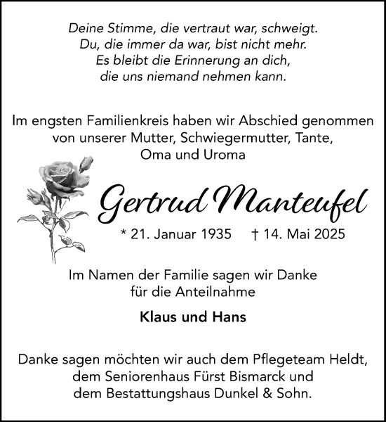 Traueranzeige von Gertrud Manteufel von MARKT Ratzeburg/Mölln