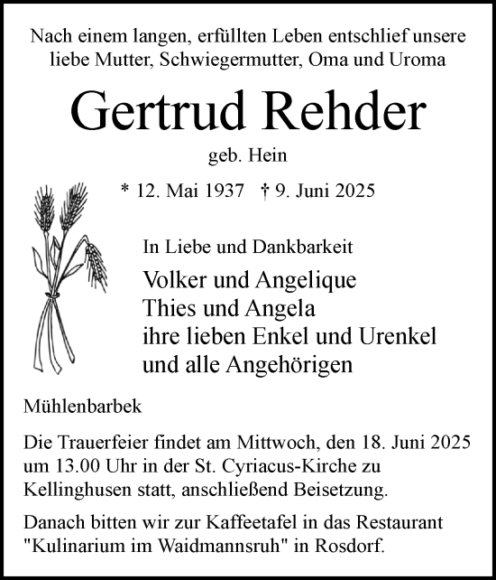 Traueranzeige von Gertrud Rehder von Norddeutsche Rundschau, Wilstersche Zeitung, Glückstädter Fortuna