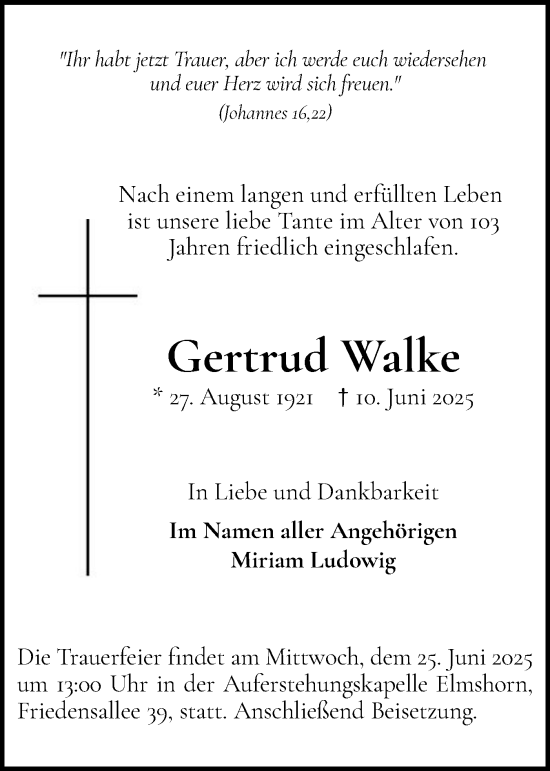 Traueranzeige von Gertrud Walke von Elmshorner Nachrichten, Barmstedter Zeitung