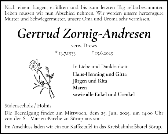 Traueranzeige von Gertrud Zornig-Andresen von Flensburger Tageblatt
