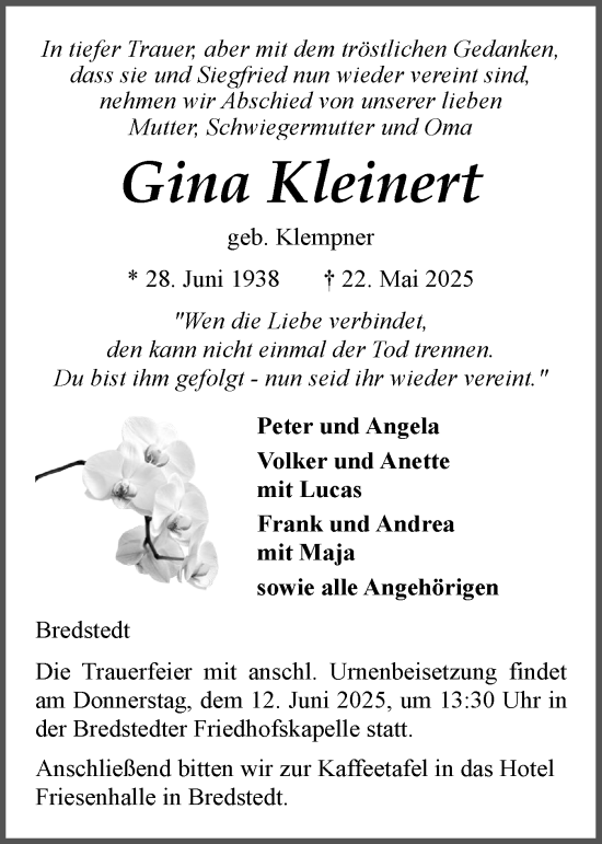 Traueranzeige von Gina Kleinert von Husumer Nachrichten, Nordfriesland Tageblatt