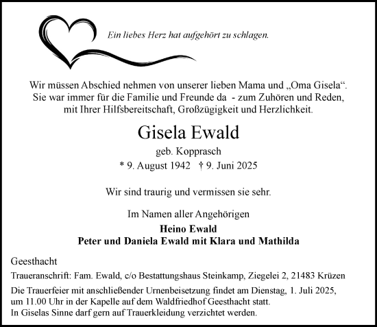 Traueranzeige von Gisela Ewald von Wochenend Anzeiger