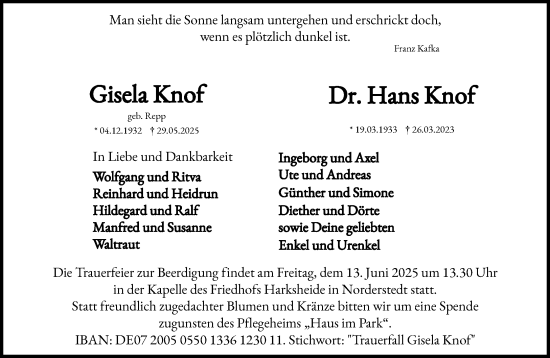 Traueranzeige von Gisela Knof von Heimatspiegel