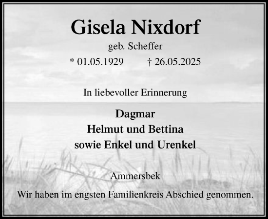 Traueranzeige von Gisela Nixdorf von MARKT Ahrensburg/Bargteheide/Trittau und Stormarner Tageblatt