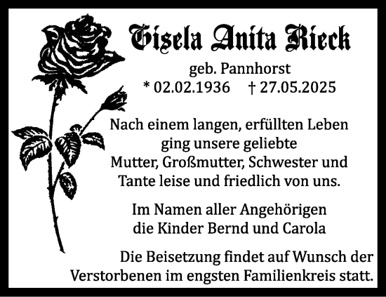 Traueranzeige von Gisela Anita Rieck von Schleswiger Nachrichten, Schlei-Bote