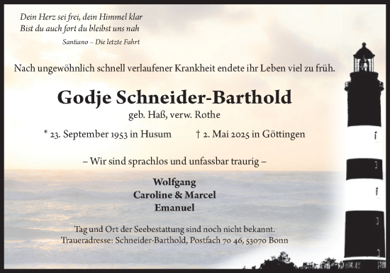Traueranzeige von Godje Schneider-Barthold von Region Westküste