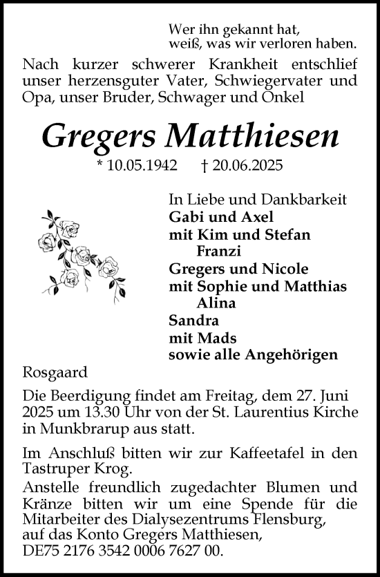 Traueranzeige von Gregers Matthiesen von Flensburger Tageblatt