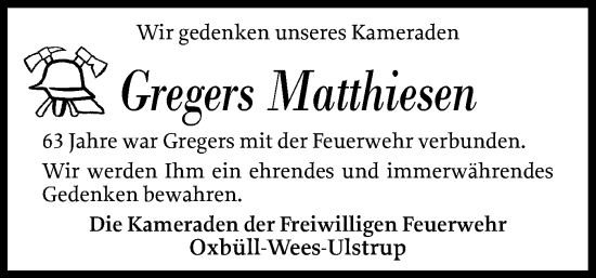 Traueranzeige von Gregers Matthiesen von Flensburger Tageblatt