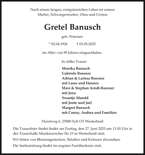 Traueranzeige von Gretel Banusch von Sylter Rundschau