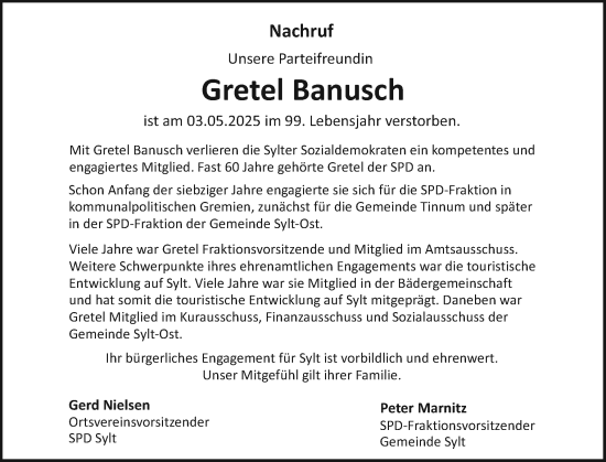 Traueranzeige von Gretel Banusch von Sylter Rundschau