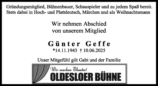 Traueranzeige von Günter Geffe von MARKT Bad Oldesloe/Reinfeld und Stormarner Tageblatt